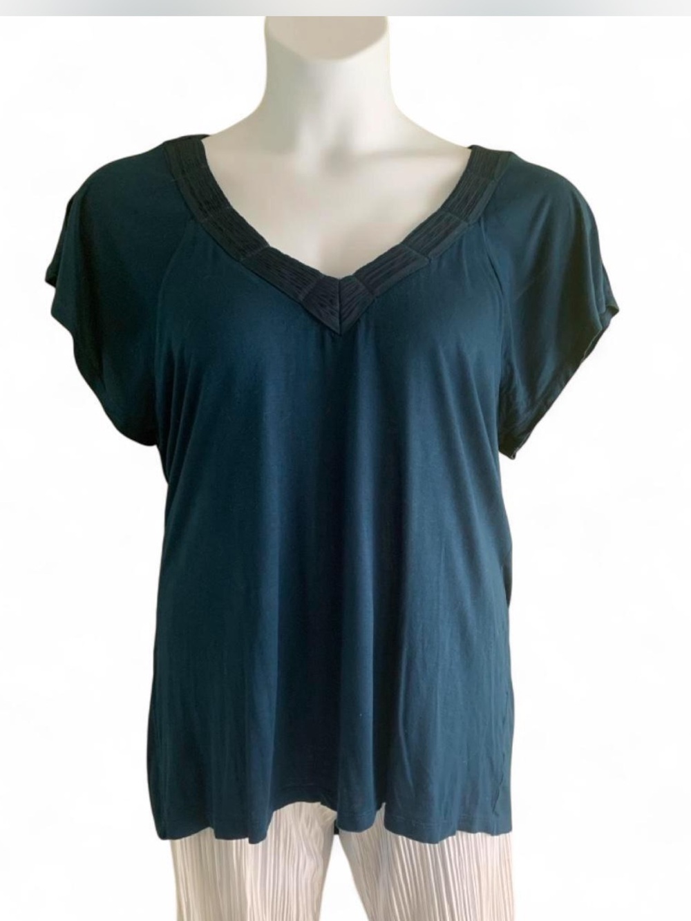 Feminine New York & Company Deep Teal V-Neck Short Sleeve Blouse size XL